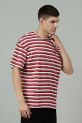Multi Striped Casual Red, Grey & White Oversized T-Shirt for Men