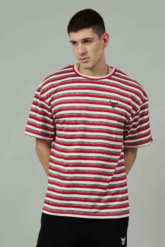 Multi Striped Casual Red, Grey & White Oversized T-Shirt for Men