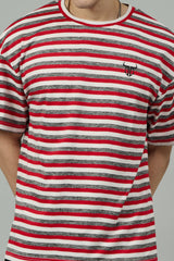 Multi Striped Casual Red, Grey & White Oversized T-Shirt for Men