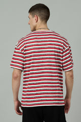 Multi Striped Casual Red, Grey & White Oversized T-Shirt for Men
