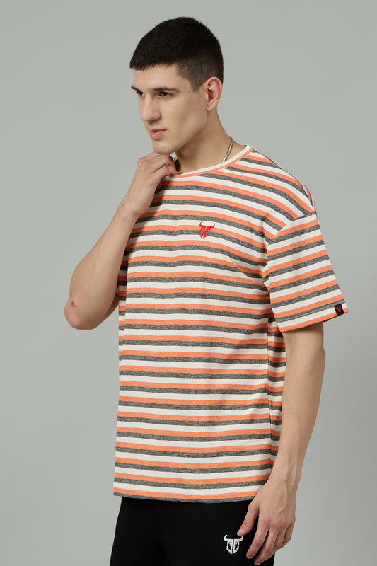 Multi Striped Casual Orange, Grey & White Oversized T-Shirt for Men