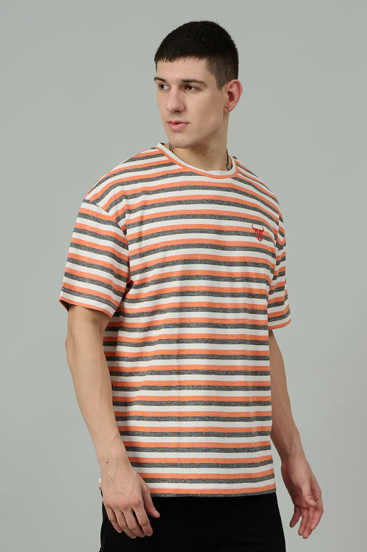 Multi Striped Casual Orange, Grey & White Oversized T-Shirt for Men