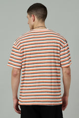 Multi Striped Casual Orange, Grey & White Oversized T-Shirt for Men