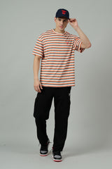 Multi Striped Casual Orange, Grey & White Oversized T-Shirt for Men
