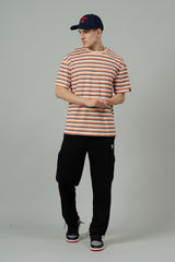 Multi Striped Casual Orange, Grey & White Oversized T-Shirt for Men