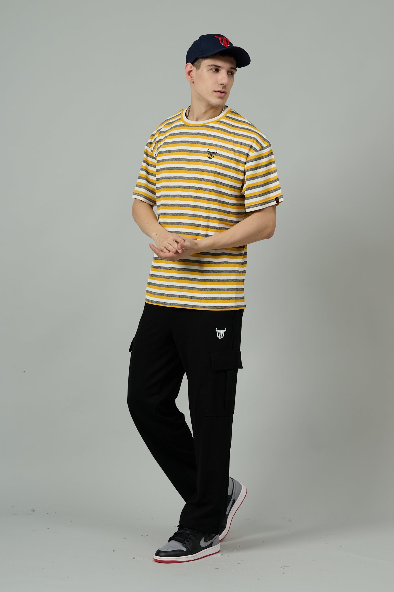 Multi Striped Casual Dark Yellow, Grey & White Oversized T-Shirt for Men