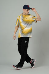 Multi Striped Casual Dark Yellow, Grey & White Oversized T-Shirt for Men