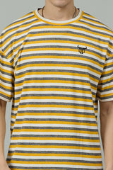 Multi Striped Casual Dark Yellow, Grey & White Oversized T-Shirt for Men