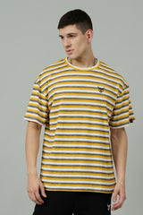 Multi Striped Casual Dark Yellow, Grey & White Oversized T-Shirt for Men