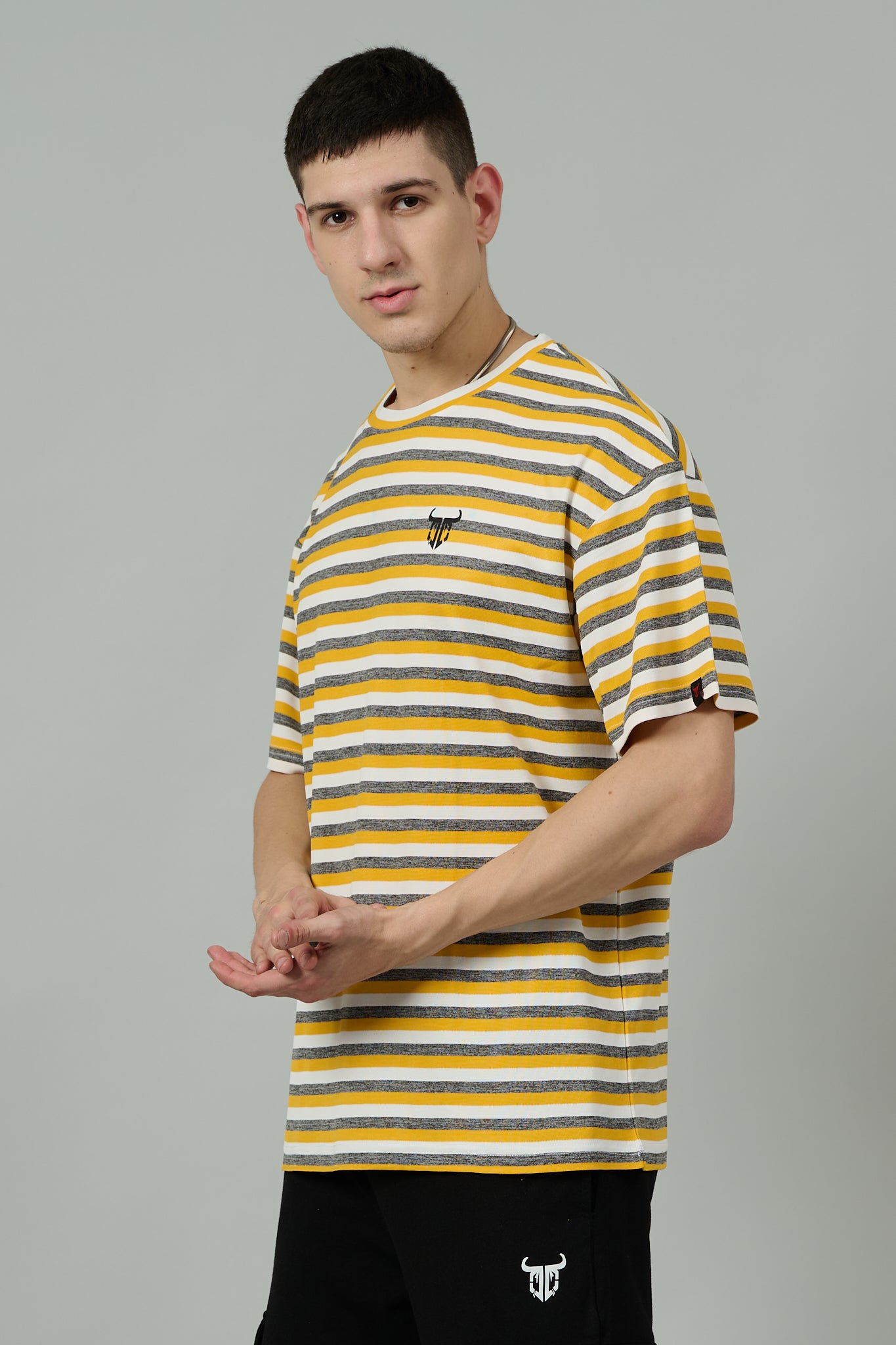 Multi Striped Casual Dark Yellow, Grey & White Oversized T-Shirt for Men