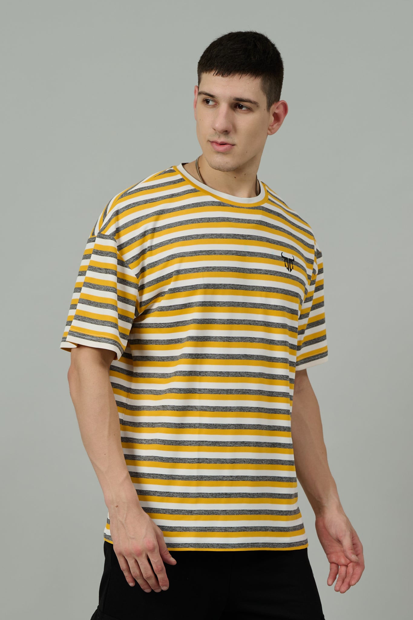 Multi Striped Casual Dark Yellow, Grey & White Oversized T-Shirt for Men