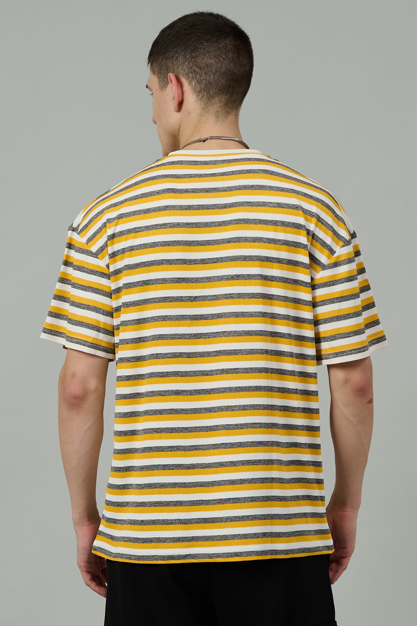 Multi Striped Casual Dark Yellow, Grey & White Oversized T-Shirt for Men