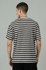 Multi Striped Casual Black, Grey & White Oversized T-Shirt for Men