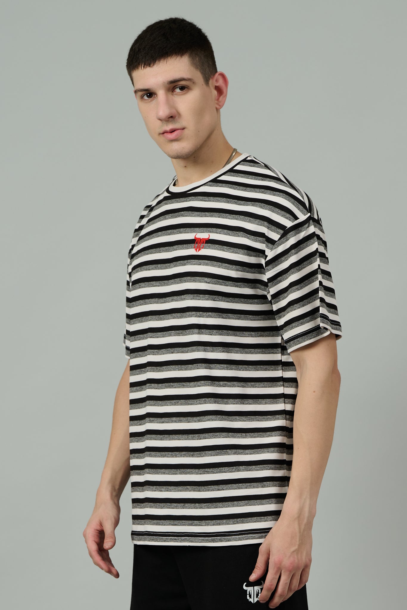 Multi Striped Casual Black, Grey & White Oversized T-Shirt for Men