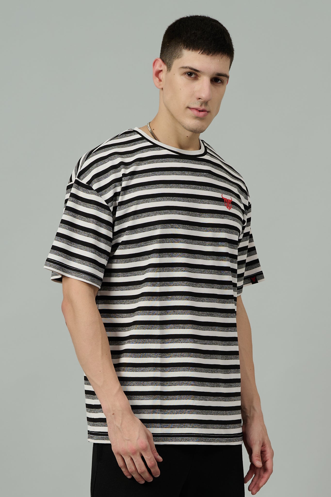 Multi Striped Casual Black, Grey & White Oversized T-Shirt for Men