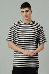 Multi Striped Casual Black, Grey & White Oversized T-Shirt for Men