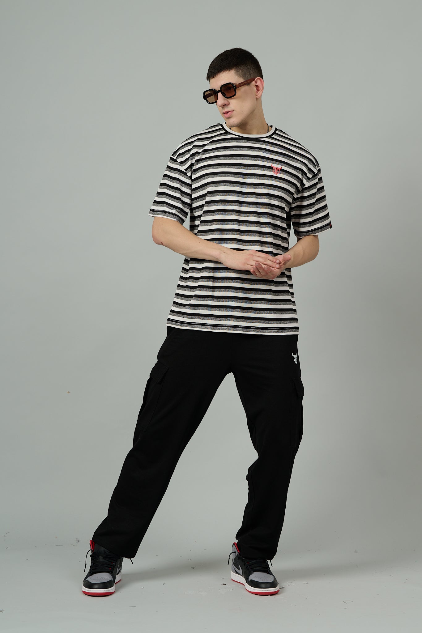 Multi Striped Casual Black, Grey & White Oversized T-Shirt for Men