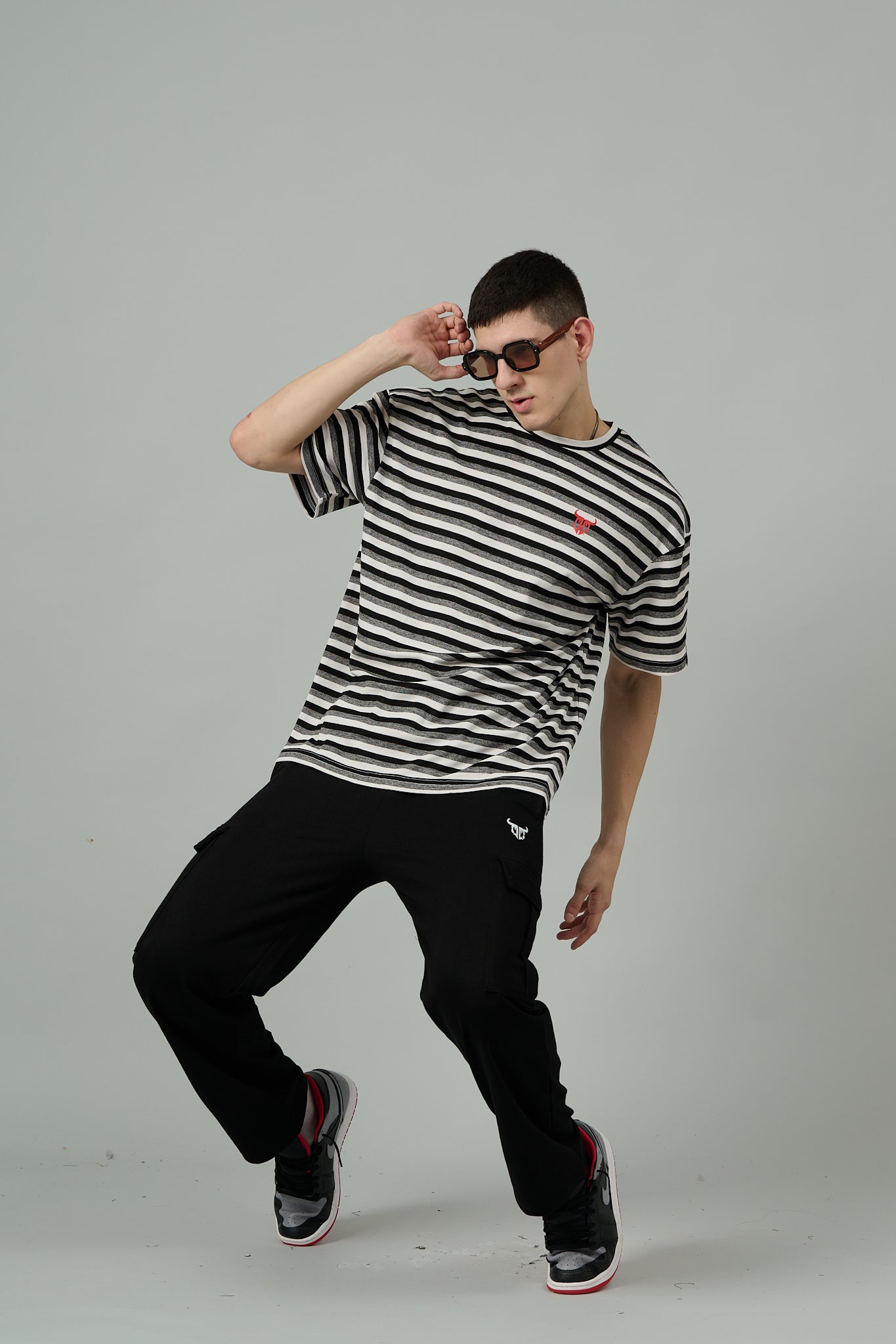 Multi Striped Casual Black, Grey & White Oversized T-Shirt for Men