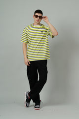 Multi Striped Casual Yellow, Grey & White Oversized T-Shirt for Men