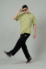 Multi Striped Casual Yellow, Grey & White Oversized T-Shirt for Men