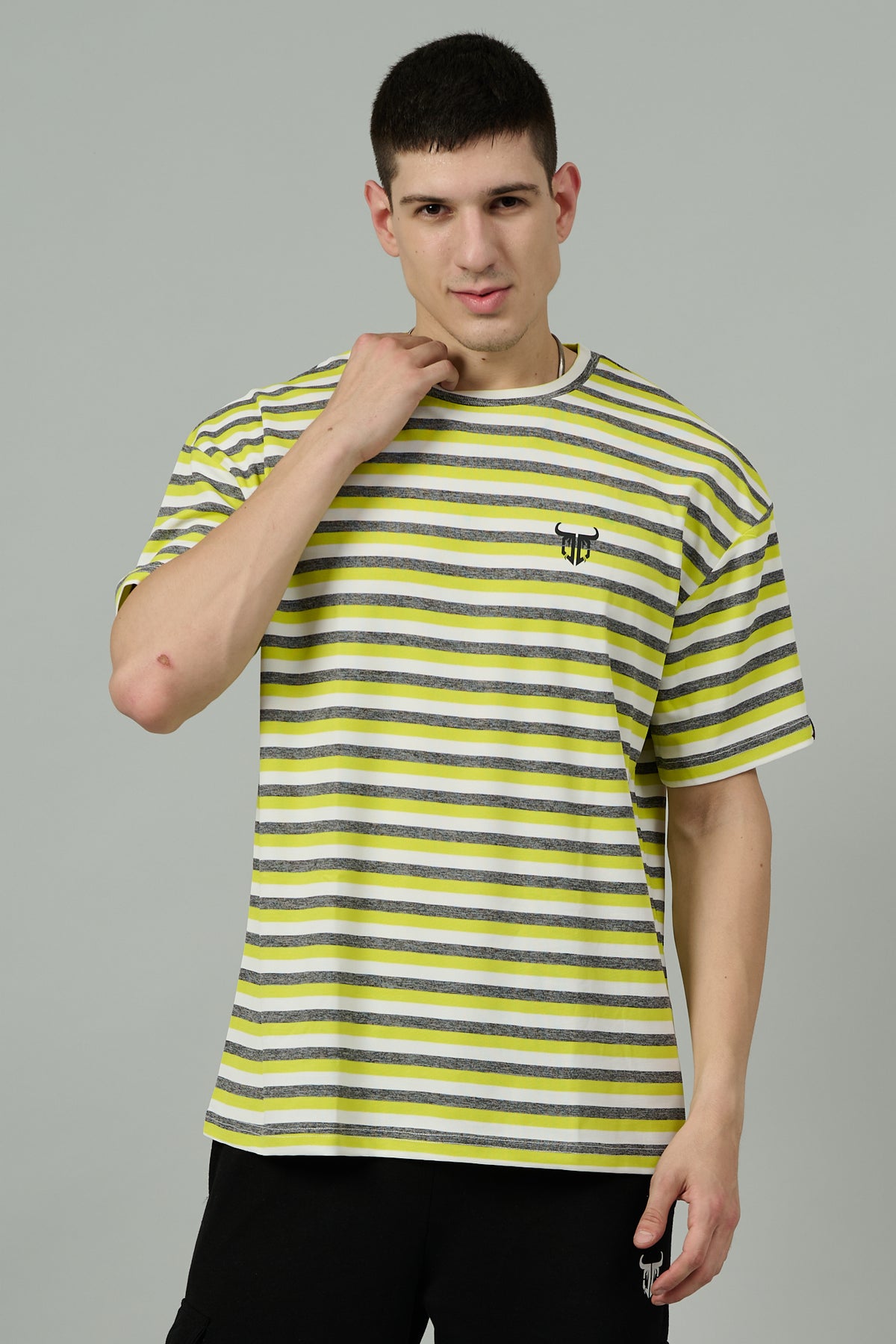 Multi Striped Casual Yellow, Grey & White Oversized T-Shirt for Men