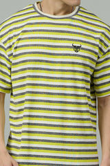 Multi Striped Casual Yellow, Grey & White Oversized T-Shirt for Men