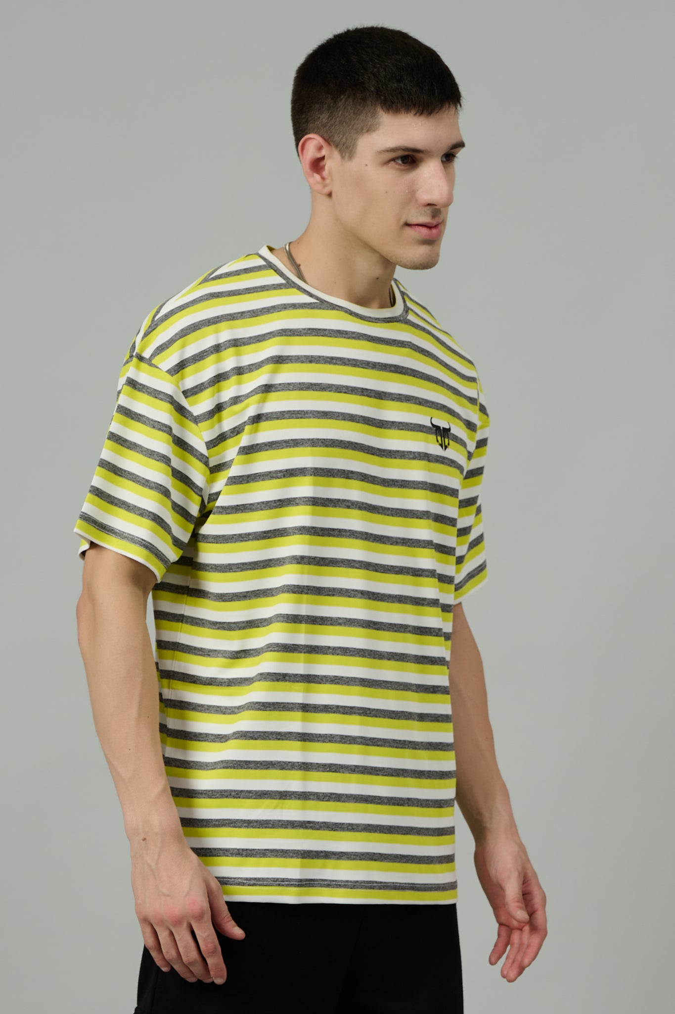 Multi Striped Casual Yellow, Grey & White Oversized T-Shirt for Men