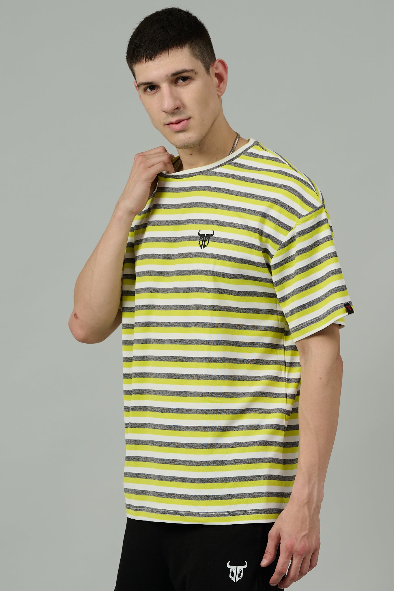 Multi Striped Casual Yellow, Grey & White Oversized T-Shirt for Men