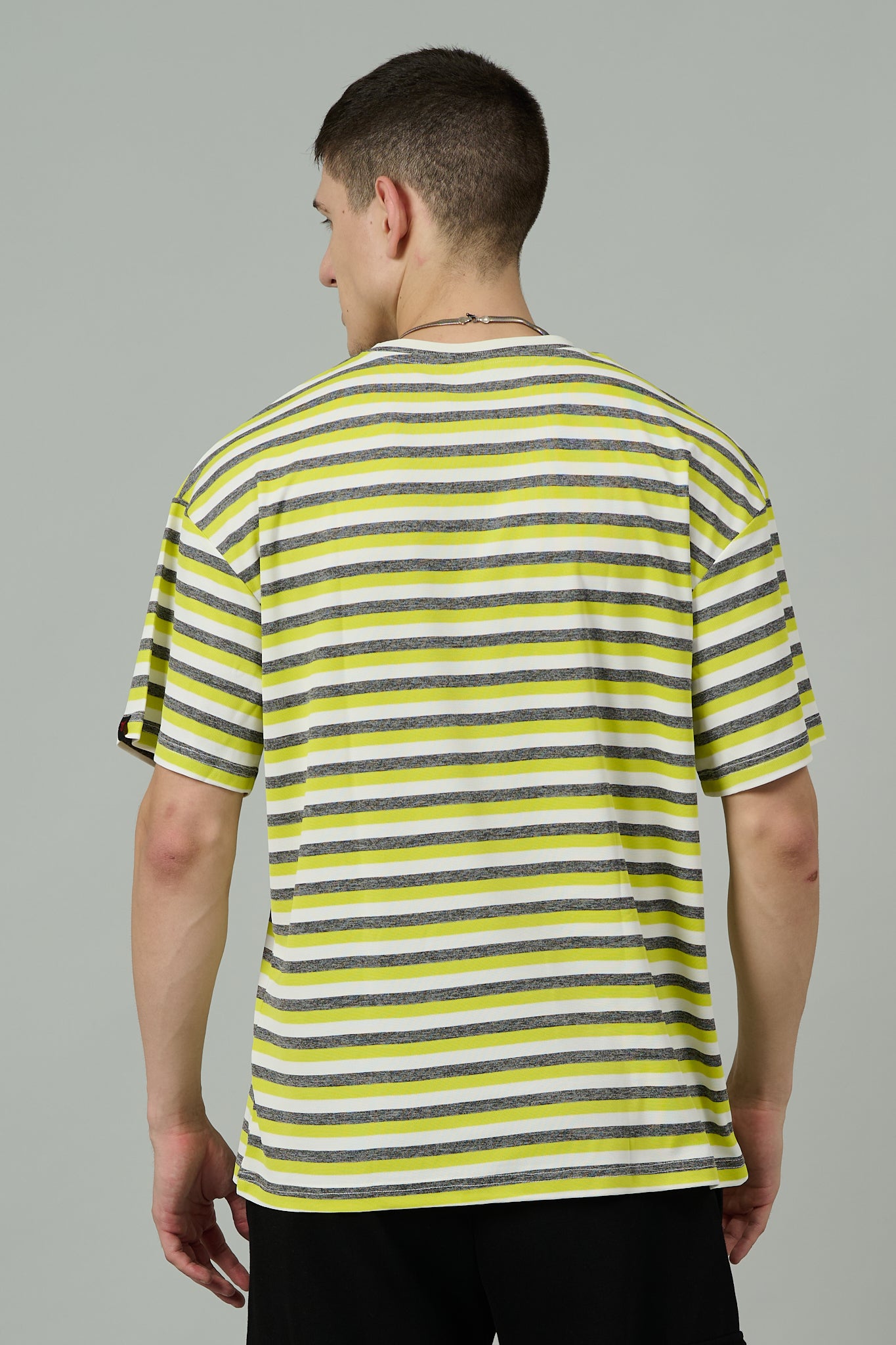 Multi Striped Casual Yellow, Grey & White Oversized T-Shirt for Men