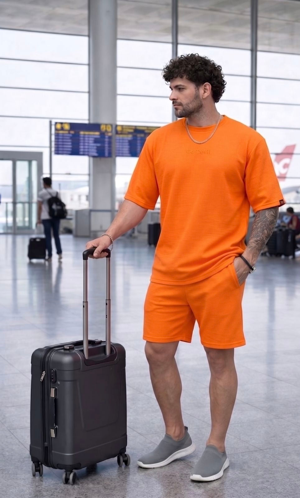 Go Devil Orange Textured T-Shirt With Short Co-Ord Set For Men
