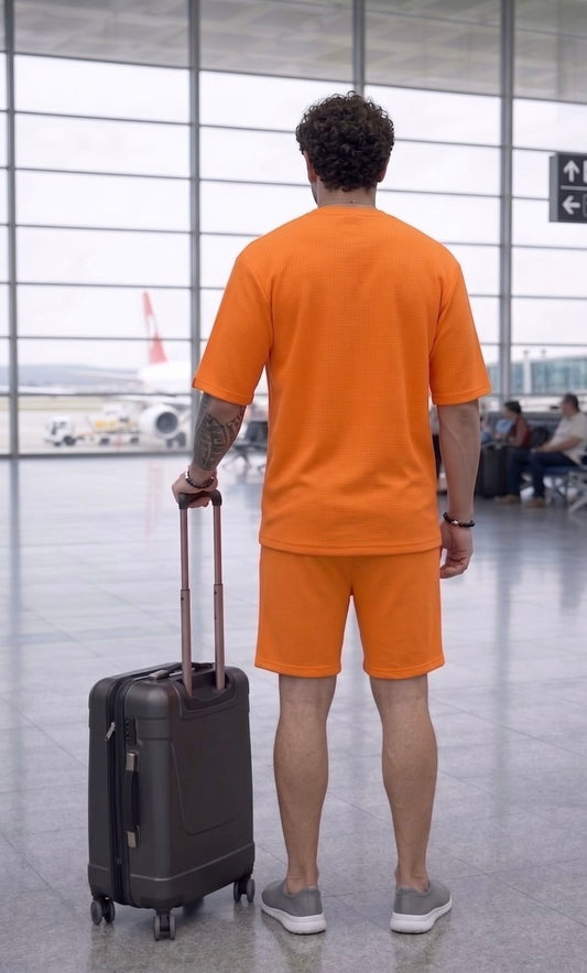 Go Devil Orange Textured T-Shirt With Short Co-Ord Set For Men
