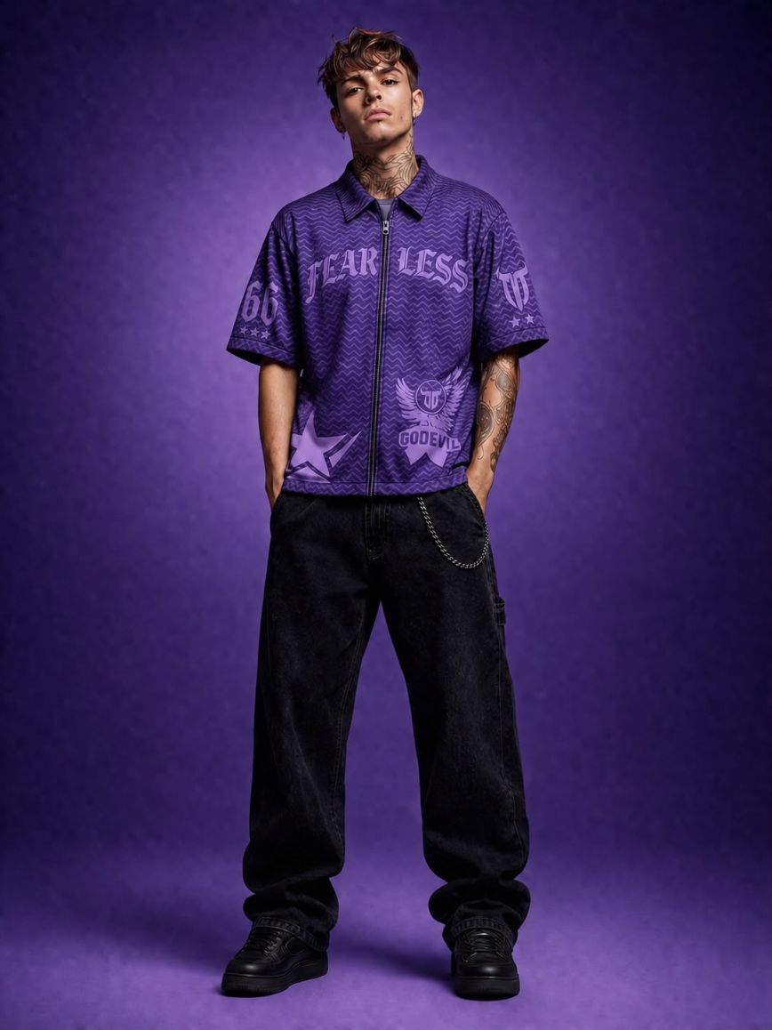 Go Devil Fearless Graphic Zip Oversized Dark Purple Half Sleeve Shirt For Men
