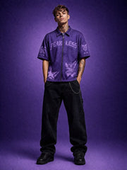 Go Devil Fearless Graphic Zip Oversized Dark Purple Half Sleeve Shirt For Men