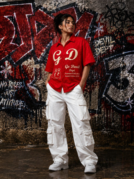 Go Devil Women's Dept. "GD" Embroidered Camp Collar Shirt – Red Premium Edition