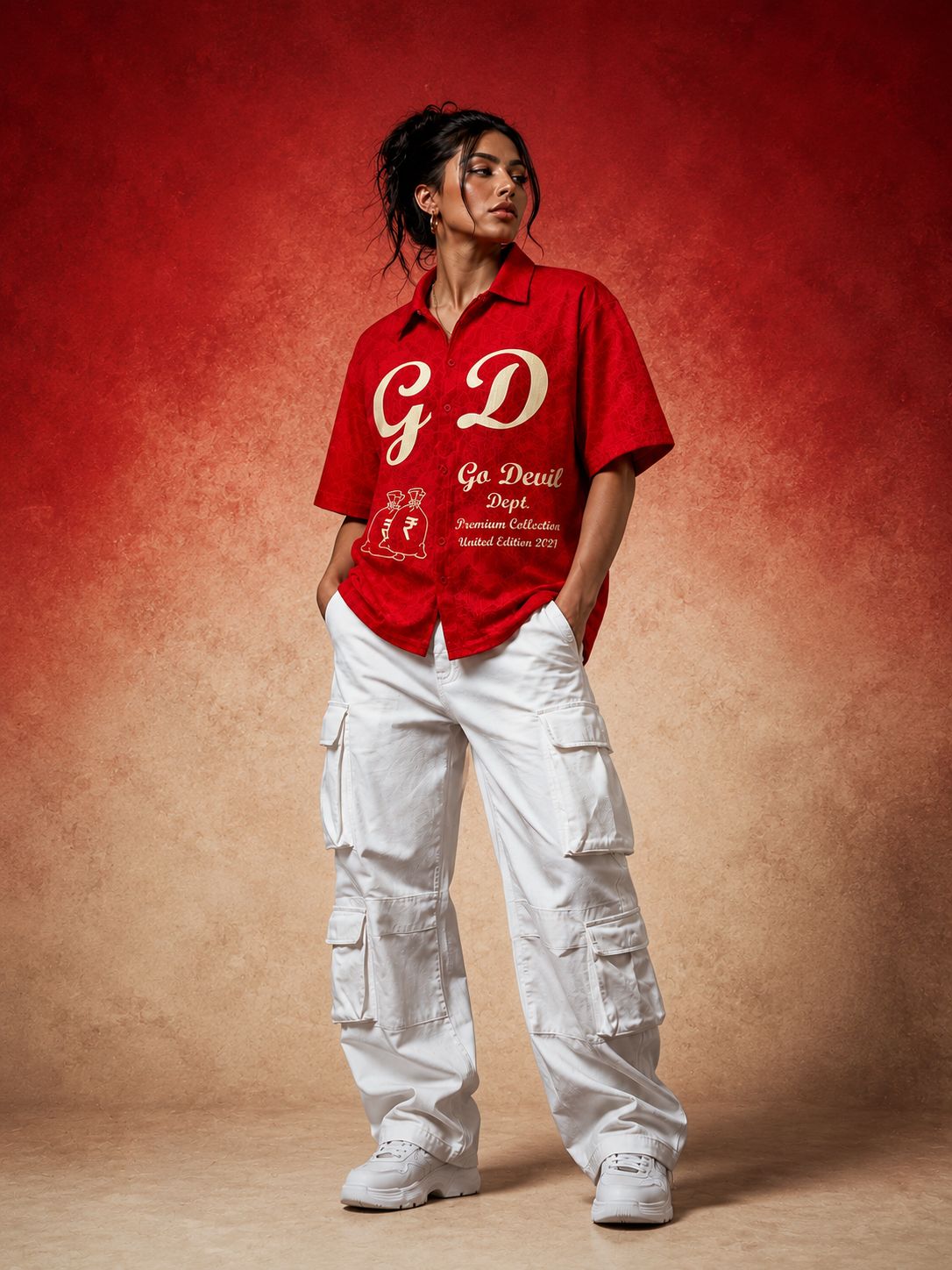 Go Devil Women's Dept. "GD" Embroidered Camp Collar Shirt – Red Premium Edition