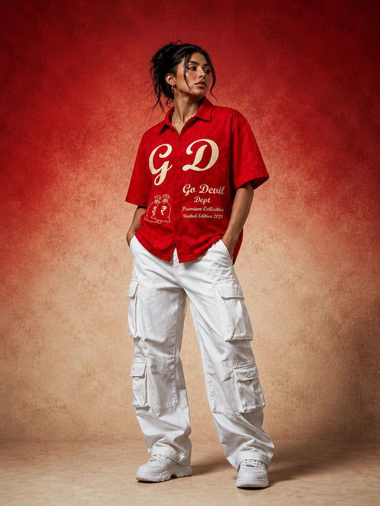 Go Devil Women's Dept. "GD" Embroidered Camp Collar Shirt – Red Premium Edition