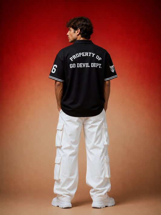 Go devil Black "66 Go Devil Dept." Varsity Baseball Jersey – Graphic Print Zip-Up Shirt For Men