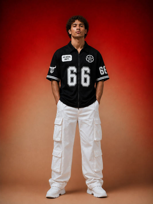 Go devil Black "66 Go Devil Dept." Varsity Baseball Jersey – Graphic Print Zip-Up Shirt For Men