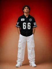 Go devil Black "66 Go Devil Dept." Varsity Baseball Jersey – Graphic Print Zip-Up Shirt For Men