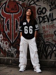 Go devil Black "66 Go Devil Dept." Varsity Baseball Jersey – Graphic Print Zip-Up Shirt For Women