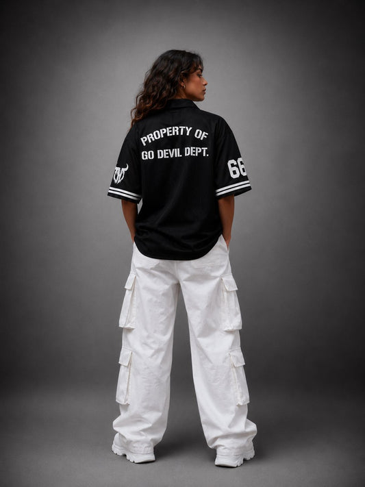Go devil Black "66 Go Devil Dept." Varsity Baseball Jersey – Graphic Print Zip-Up Shirt For Women