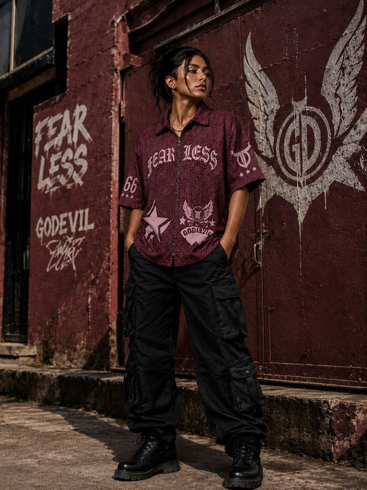 Go Devil Fearless Maroon Graphic Print Zip-Up Shirt – Star & Wing Embroidered Half Sleeve Shirt For Women