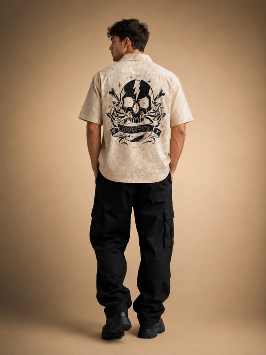 Go Devil Dept. Skull Graphic Camp Collar Oatmeal Vintage Textured Cotton Shirt For Men