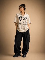 Go Devil Dept. Skull Graphic Camp Collar Oatmeal Vintage Textured Cotton Shirt For Women