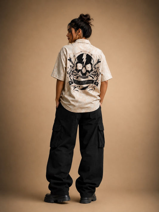 Go Devil Dept. Skull Graphic Camp Collar Oatmeal Vintage Textured Cotton Shirt For Women