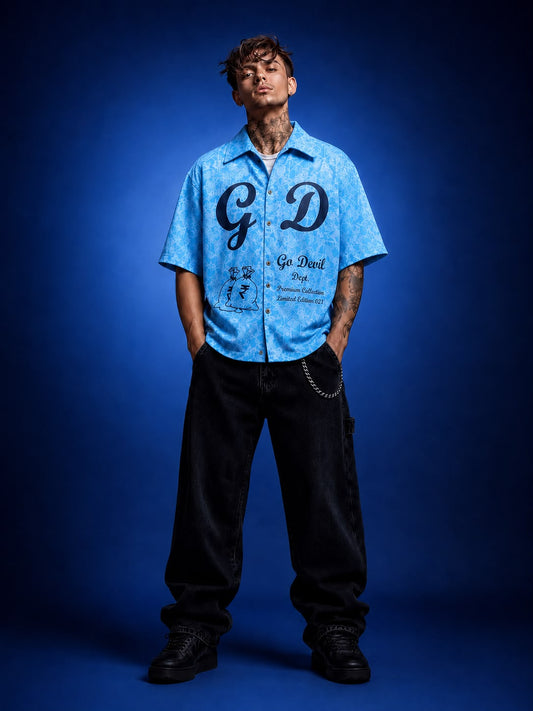 Go Devil Sky Blue GD Signature Graphic Zip Oversized Half Sleeve Shirt For Men