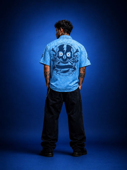 Go Devil Sky Blue GD Signature Graphic Zip Oversized Half Sleeve Shirt For Men