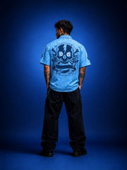 Go Devil Sky Blue GD Signature Graphic Zip Oversized Half Sleeve Shirt For Men