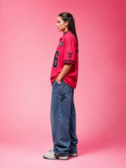 Go Devil Dept. "66" Printed Varsity Zip-Up Hot Pink Oversized Shirt For Women