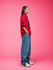 Go Devil Dept. "66" Printed Varsity Zip-Up Hot Pink Oversized Shirt For Women